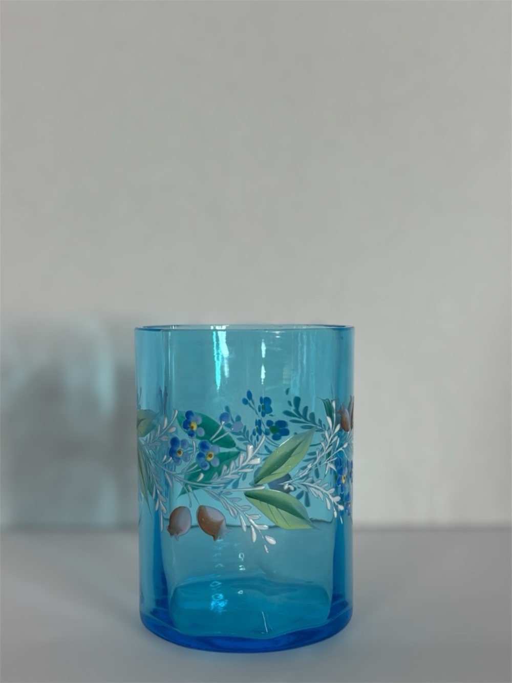 Hand-Painted Blue Glass Vase with Floral Motif